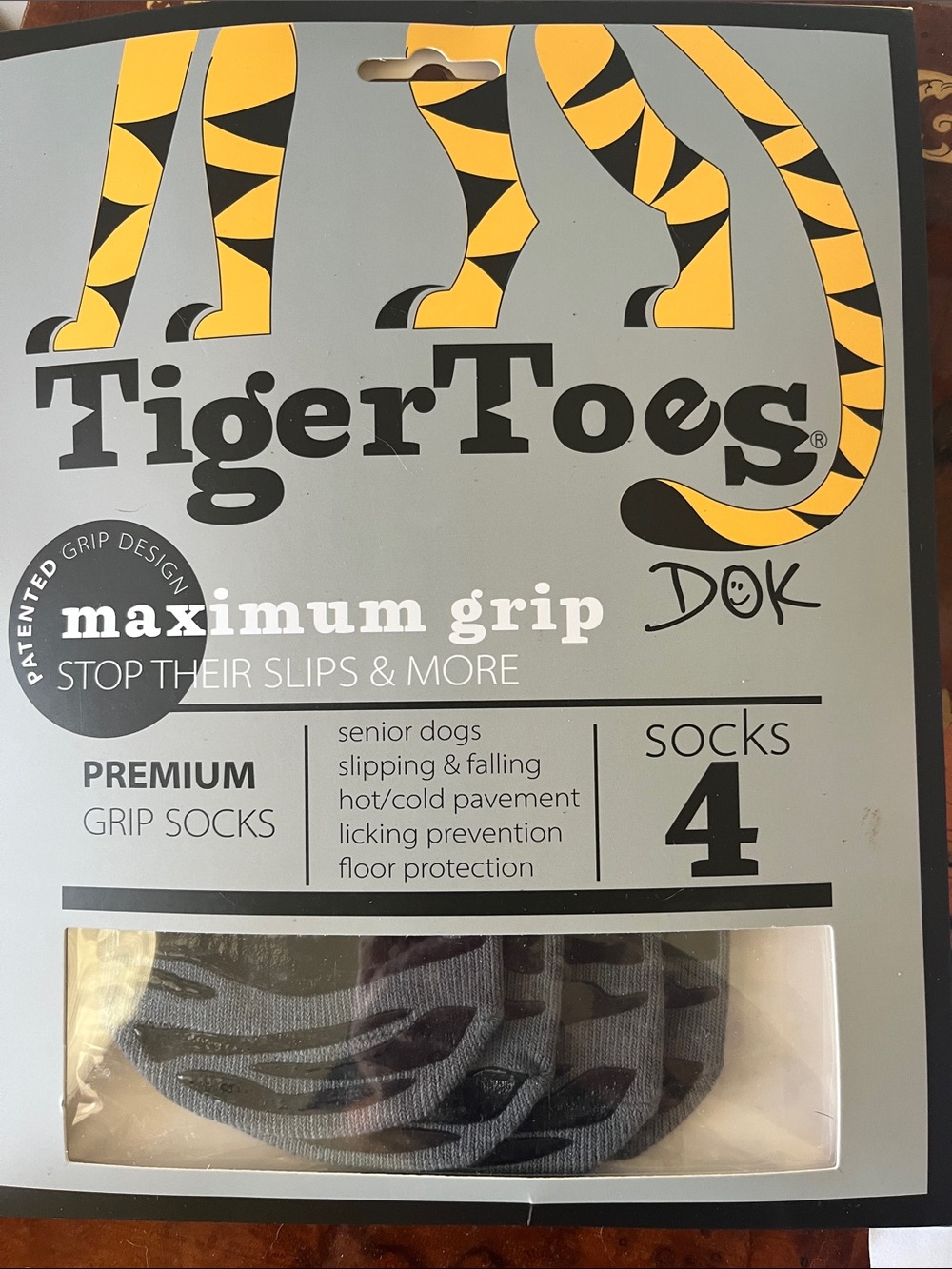 Tiger ToesPremium Gray Grip Socks for Dogs - Maximum Grip (4 Pack)